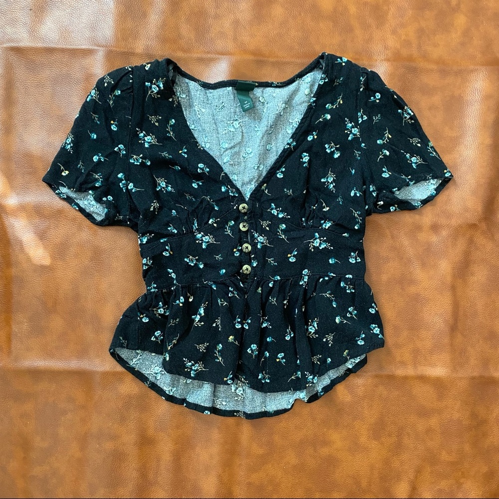 Wild Fable Peplum Floral Button Blouse | Black | XS